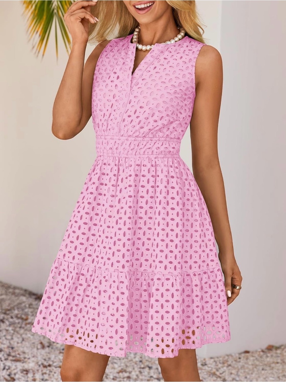 Smocked Waist Eyelet Mini Dress in Pink